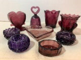 Misc Lot of Deep Purple Glass Items. Includes a Bell, Candle Holders, Trinket Dish - As Pictured