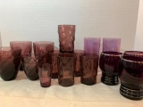Large Lot of Various Size Deep Purple Glass Drinking Glasses _ As Pictured