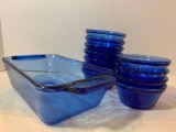 Lot of Blue Glass Bowls and 1.5 Qt Loaf Dish. - As Pictured