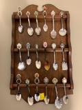 Lot of 18 Souvenir Spoons with Rack. The Rack is 17