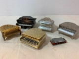 Misc Lot of 5 Mini Grand Pianos. Includes Music Box, Clocks and Pencil Sharpener - As Pictured