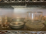 Shelf Lot of Misc. Glass Cookware includes Pie Plates, Mixing Bowls, etc - As Pictured