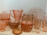 Large Lot of Pink Depression Glass Bowls, Pitcher, Glasses, Plates, Etc - As Pictured