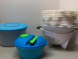 Large Group of Colanders and Tupperware Lunch Set