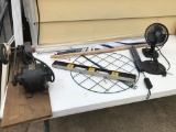 Misc Lot Umbrellas, Fan, Level, Bacon Press, Bench Grinder And More!