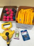 Big Box Of Tent Stakes, Bouncy Balls, 100 Ft Fiberglass Tape Measure