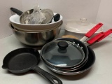 Lot of Kitchen Items Including Bowls, Skillets, Corningware Baking Dish, Etc - As Pictured