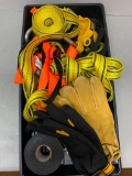 Large Lot of Work Gloves, Rachet Straps, Reese Ball, Electrical Tape, Etc - As Pictured