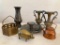 Misc Lot of Brass Vases, Pig, Mini Teapot and Candle Holder. The Tallest is 6