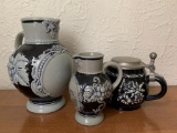 3 Piece Lot of Pottery Pitchers. 1 Liter and 1/4 L. The Tallest is 7