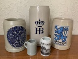 Lot of 5 Beer Steins Made in West Germany. The Tallest is 7.5