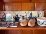 Group of 7 Delft Tiles Made in Holland and Small Vinegar Vases . The Tiles are 6