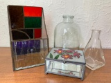 Misc Lot of Abstract Stain Glass Candle Holder, Jars and Jewelry Box - As Pictured