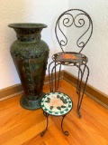 Pair of Metal Plant Stands and Umbrella Stand. The Chair has some Rust and is 26