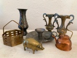 Misc Lot of Brass Vases, Pig, Mini Teapot and Candle Holder. The Tallest is 6