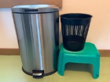 3 Piece Lot of Stainless Trashcan with Dents, Plastic Step Stool and Plastic Trashcan - As Pictured