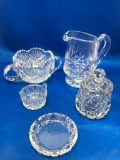 Lot of Misc Clear Glass Includes Creamer, Sugar Bowl, Salts, Etc - As Pictured