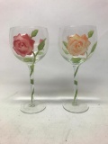 Pair of Desert Rose Painted Wine Glasses by Franciscan. These are 9