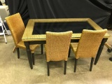 Large Dinning Table w/Ratan & Glass Top Includes 3 Chairs.- As Pictured