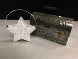 Misc Lot of Tin Stamped Lunch Box and Decorative Star Hanger . The Lunch Box is 9