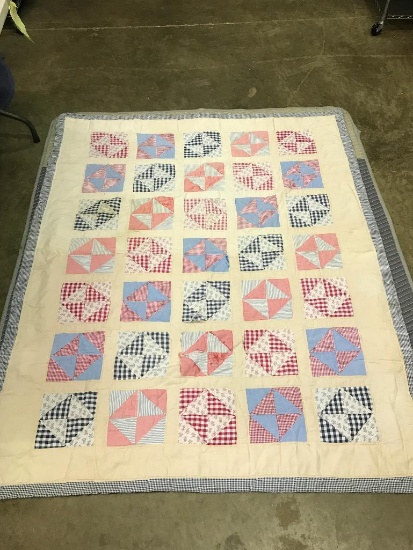 Hand Made Quilt with some Yellowing and Damage to Center Squares as Pictured, 78" x 65"