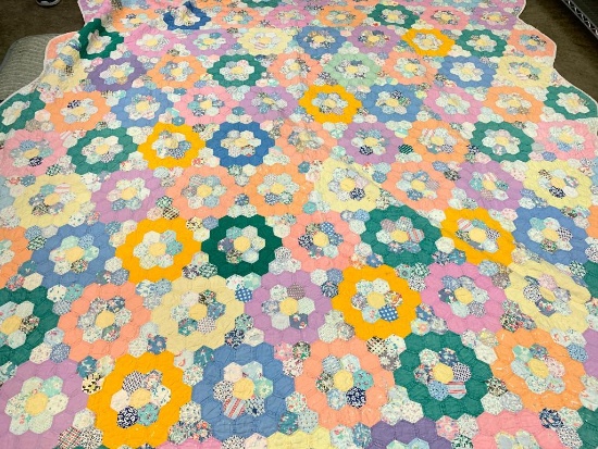 Large, Appears Handmade Quilt, Some Yellowing and Stains, 92" x 91", Buying it as you see it