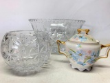 3 Piece Crystal, Glass and Porcelain Bowls - As Pictured