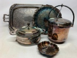 Misc Lot of Silver Plated Serving Trays, Ice Bucket, Casserole Dish. Etc - As Pictured