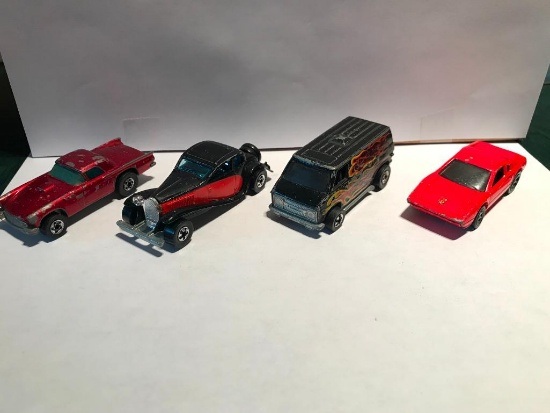 4 Vintage Hot Wheels - 77' Van w/Flames, 37' Bugatti, 57' TBird and 77' Ferrari