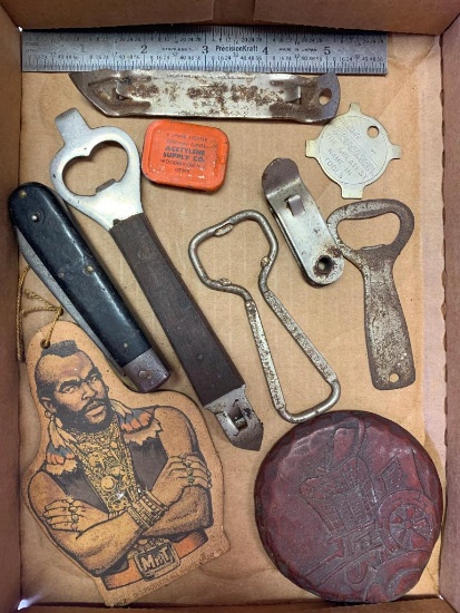 Misc Lot of Mr T Air Freshner, Bottle Openers, Pocket Knife and More. - As Pictured