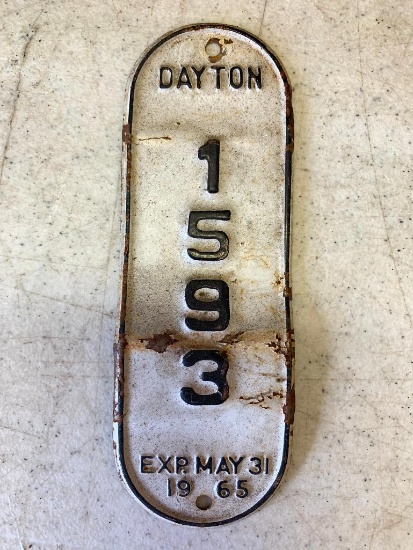 1965 Bicycle License Plate Dayton, OH. This is 6.25" Long - As Pictured