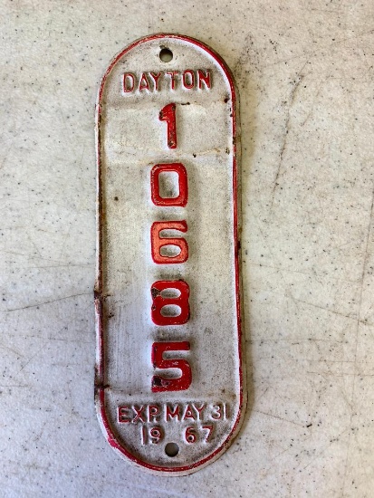1967 Bicycle License Plate Dayton, OH. This is 6.25" Long - As Pictured