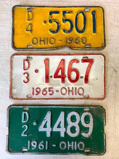 Lot of 3 Vintage Ohio License Plates 1960, 1961, 1965 - As Pictured
