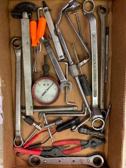 Misc Lot Includes a Level, Wrenches, Vintage Gauge and More - As Pictured