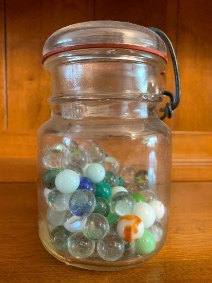 Small Ball Glass Locking Jar w/Marbles. This is 5.5" Tall - As Pictured