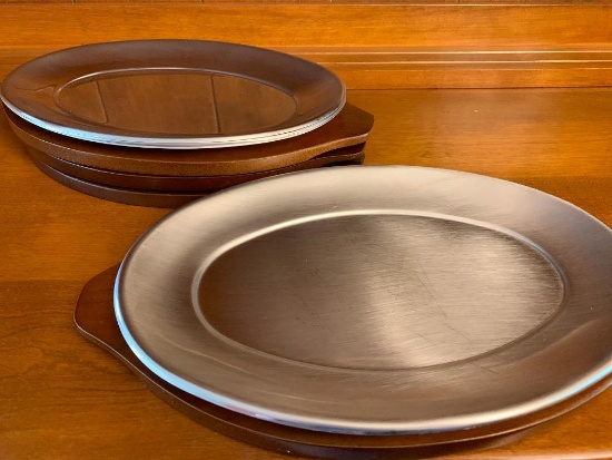 Lot of 4 Steak Wood Serving Hot Plates. These are 13" Wide - As Pictured