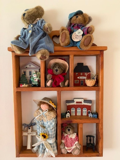 Wooden Shelf w/Boyds Bears, Doll & More. This is 25" Tall x 17" Wide - As Pictured