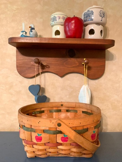 16" Wood Shelf w/Contents on Top and Basket - As Pictured