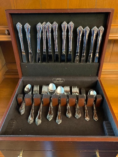 Wm. A. Rogers Oneida Stainless Flatware in Wood Box - As Pictured
