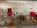 Shelf Lot of Misc Glass Vases, Candle Holders, Christmas Mugs & More - As Pictured