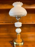 Oil Lamp Style Milk Glass and Wood Base Lamp. This is 24