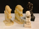 Misc Lot of Marble Horse Head Bookends & 2 Handmade Statues - As Pictured