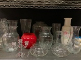 Shelf Lot of Various Glass Vases - As Pictured