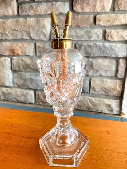 Pressed Glass Double Wick Oil Lamp. This is 10" Tall - As Pictured