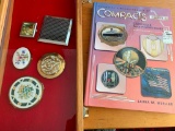 Collectors Book on Compacts, Wood Display Case Includes 5 Vintage Compacts. - As Pictured