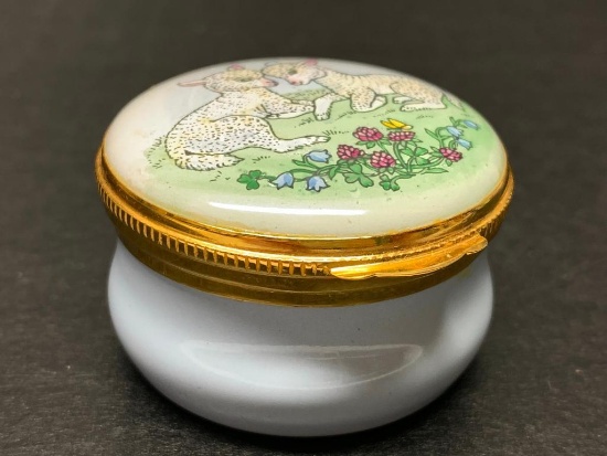 Crummles & Co Handpainted Enamel Porcelain Trinket Box w/Lamb Design. Made in England