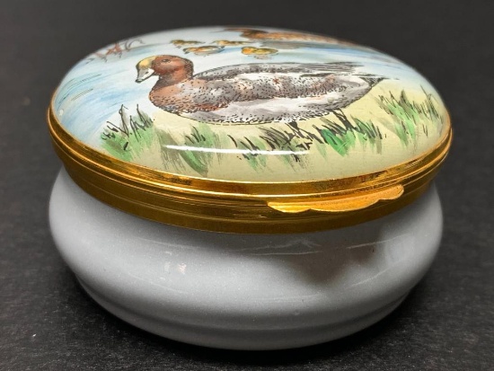 Crummles & Co Handpainted Enamel Porcelain Trinket Box w/Duck Design. Made in England