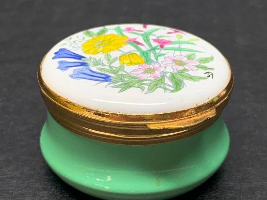 Crummles & Co Handpainted Enamel Porcelain Trinket Box w/Flower Design. Made in England.