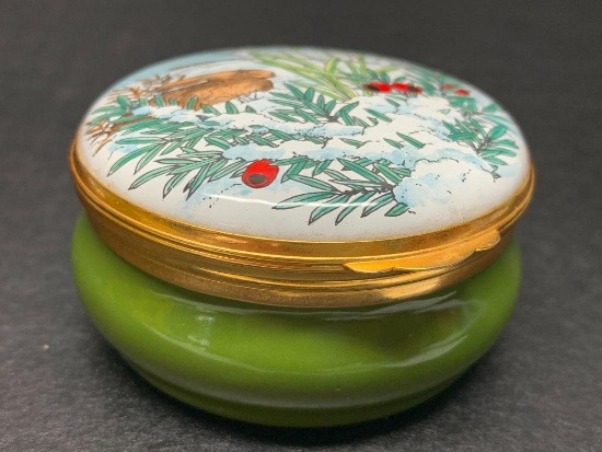 Crummles & Co Handpainted Enamel Porcelain Trinket Box w/Rabbit Design. Made in England