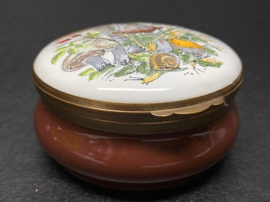 Crummles & Co Handpainted Enamel Porcelain Trinket Box w/Mushroom Design. Made in England